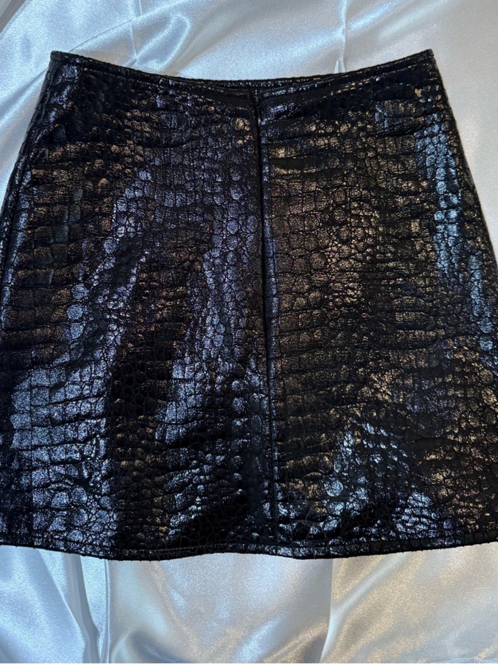 Motel  Shiny Black Faux Croc Mini Skirt with Side Slit - Picture 5 of 6